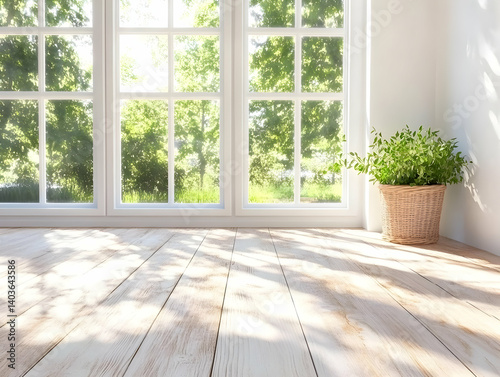 Obraz na płótnie Sunlit Room with White Wooden Floor and Green Potted Plant by Large Window Overlooking Lush Green Trees w salonie