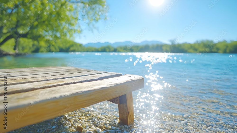 Sunlit Tranquil Lake View With Wooden Deck Sparkling Blue Water And Distant Mountains Under Clear Sky Creates Peaceful Natural Background