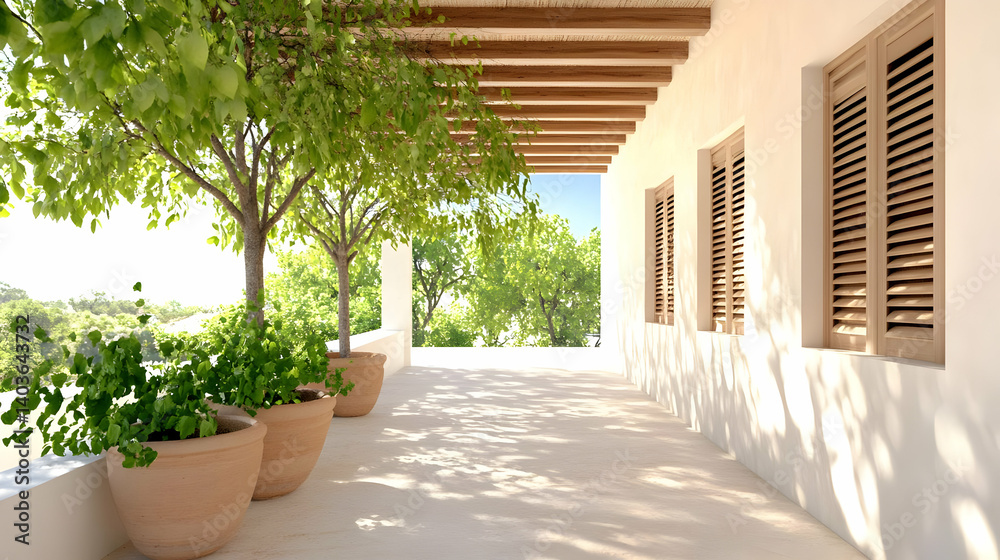 Sunlit Terrace with White Walls Wooden Shutters and Potted Green Plants Under a Beam Ceiling with Trees in Background