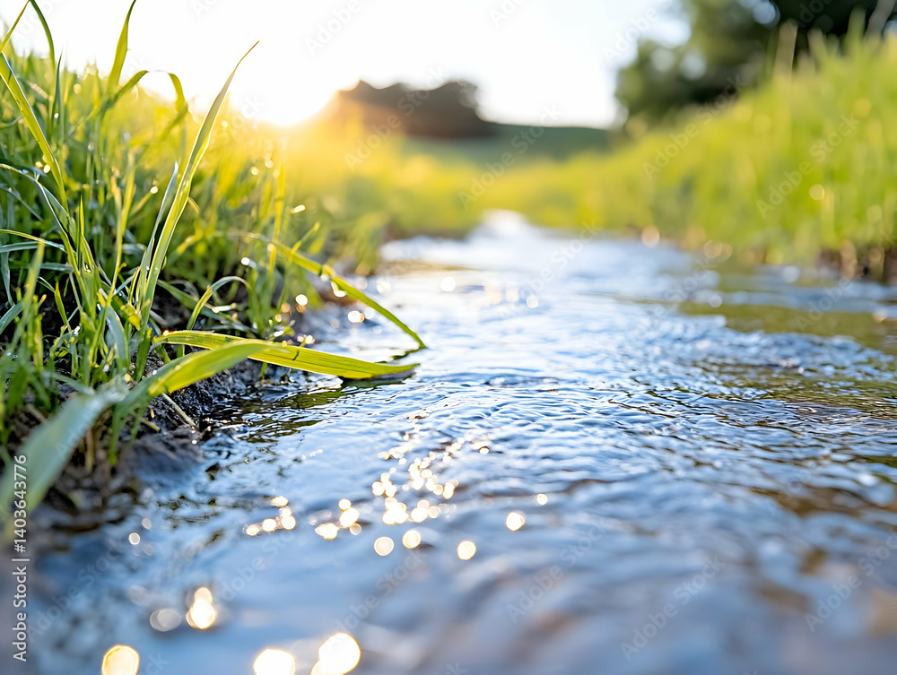 Sunlit Tranquil Stream Flowing Through Green Grass in Serene Landscape