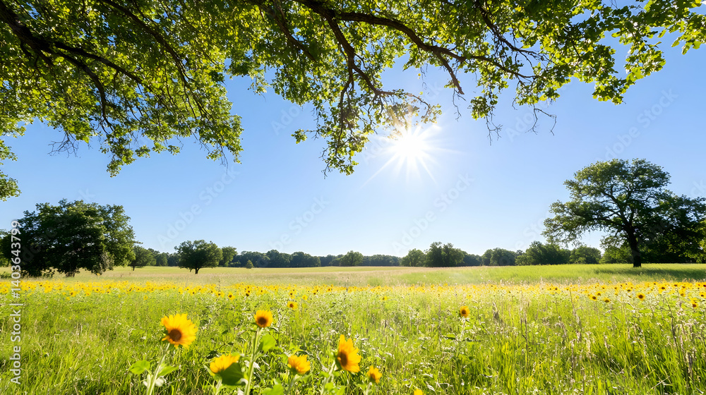 Sunlit Sunflower Field Under Blue Sky With Green Canopy and Distant Trees in Summer Landscape