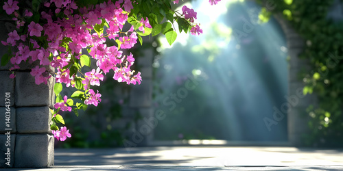 Sunlit Stone Archway Adorned with Vibrant Pink Flowers and Lush Green Foliage Creates a Serene and Picturesque Garden Pathway
