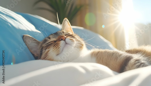 Sunlit Tabby Cat Napping Peacefully on White and Blue Bedding with Golden Sun Flare