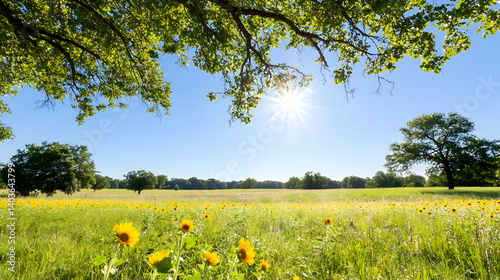 Obraz na płótnie Sunlit Sunflower Field Under Blue Sky With Green Canopy and Distant Trees in Summer Landscape w salonie