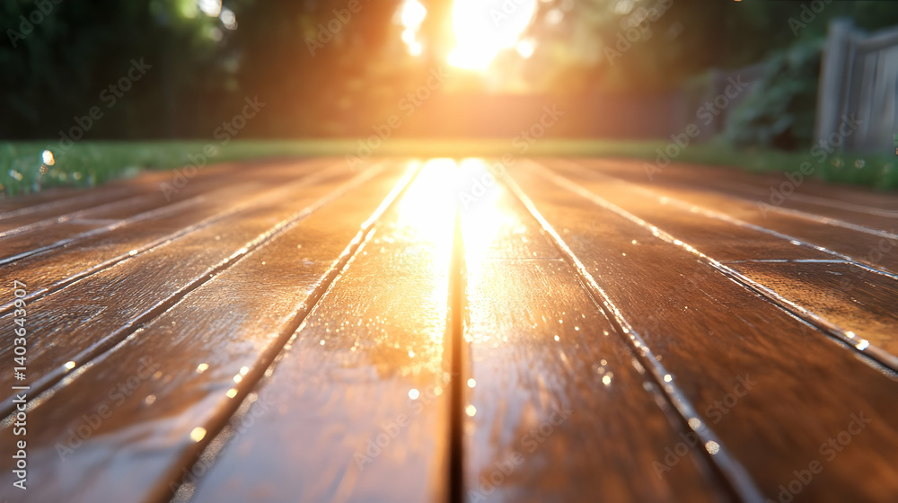 Sunlit Wooden Decking in Backyard with Green Grass and Wood Fence During Sunset