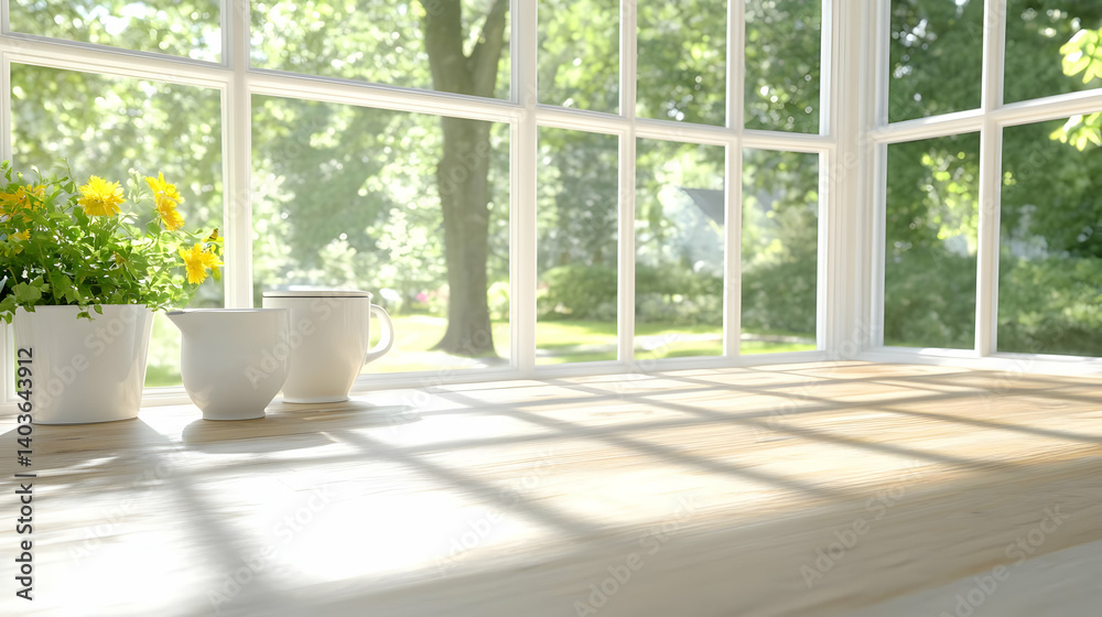 Sunlit Window Display with Yellow Flowers and White Mugs on a Wooden Table with Outdoor Background