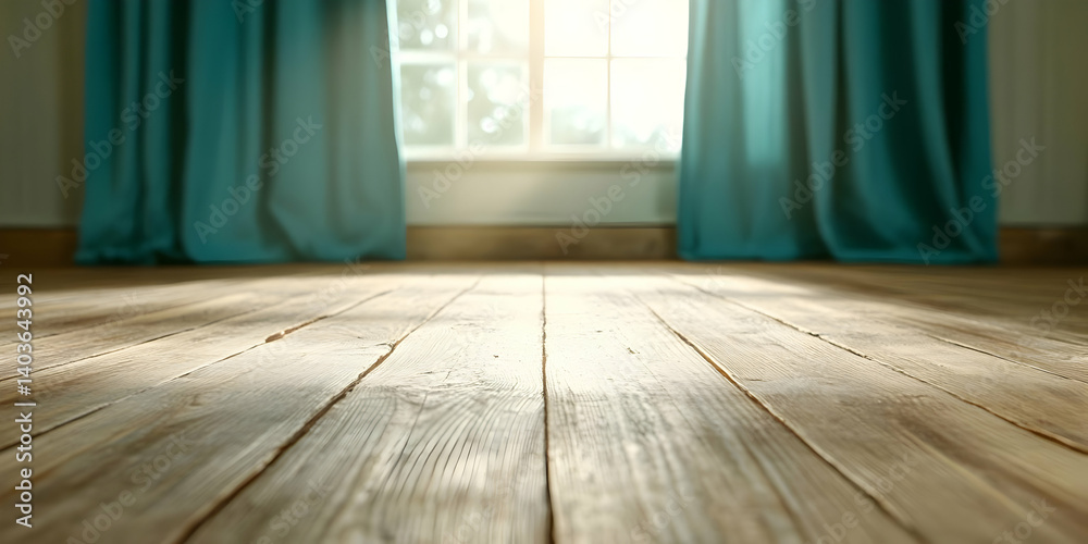 Sunlit Wooden Floor with Aqua Curtains and Window in Background Interior Home Room with Wood Parquet Plank Design
