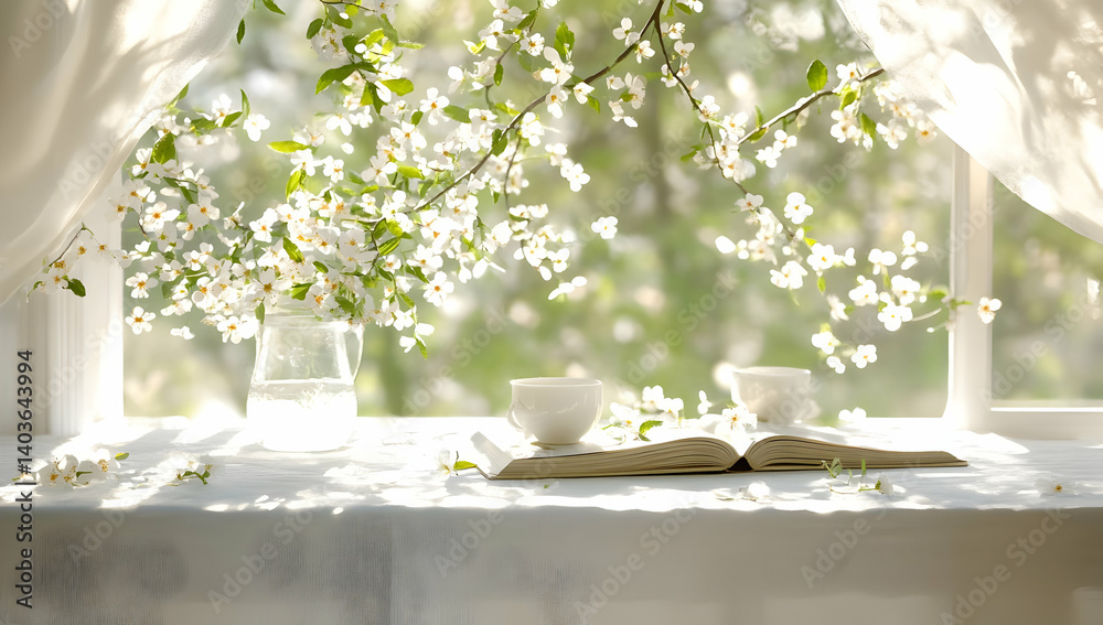 Sunlit Window with Book and Blooming Branches Still Life in White and Green Hues with Gentle Light