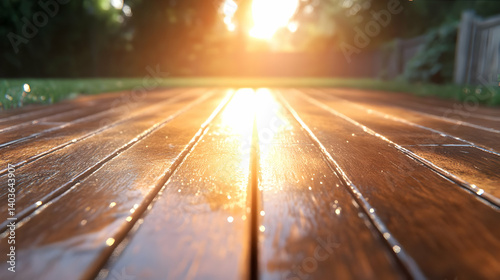 Obraz na płótnie Sunlit Wooden Decking in Backyard with Green Grass and Wood Fence During Sunset w salonie