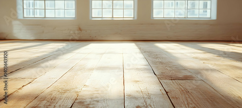 Sunlit Wooden Floor in Bright Empty Room with Windows and White Walls Providing a Clean Minimalist Space