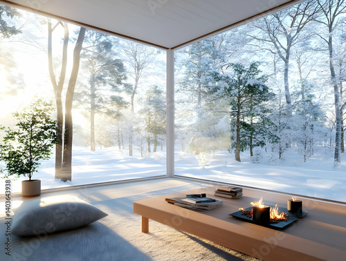 Sunlit Winter Landscape with Snow Covered Trees and Minimalist Geometric Interior View