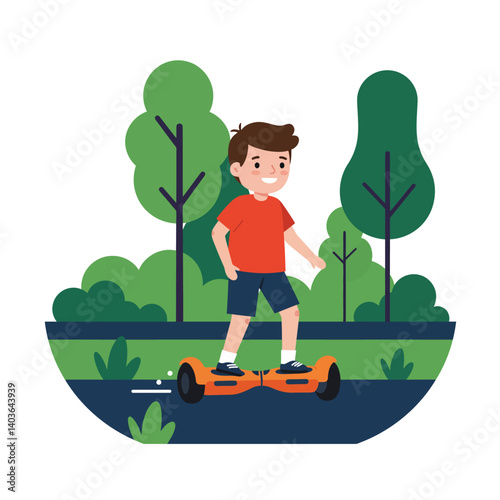 Young boy riding hoverboard in a park surrounded by trees and greenery