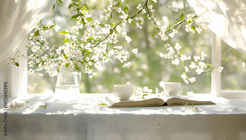 Obraz na płótnie Sunlit Window with Book and Blooming Branches Still Life in White and Green Hues with Gentle Light w salonie