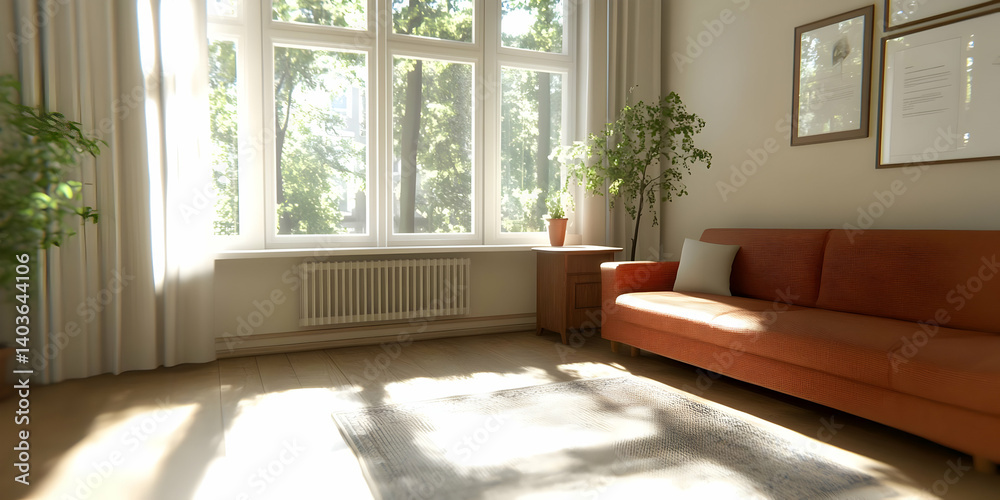 Sunny Living Room with Orange Sofa Plants and Artwork in a Pixelated Style