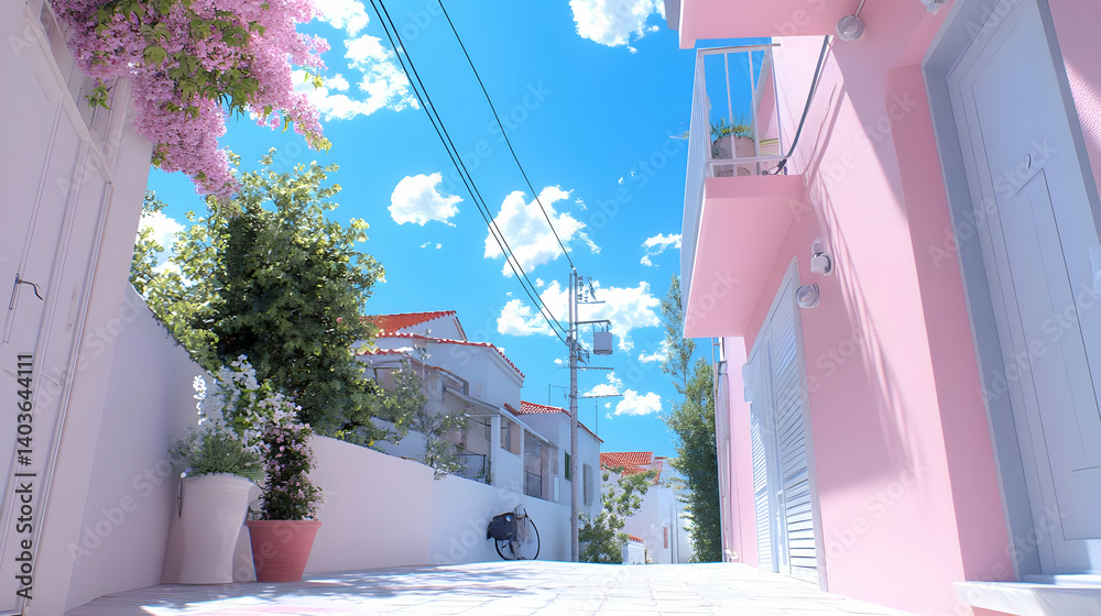 Sunny Street View With White Buildings and Pink Accents Under a Bright Blue Sky With Green Trees and Flowering Vines