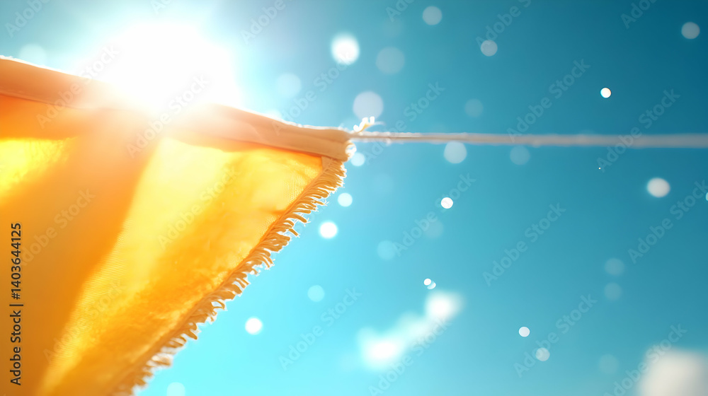 Sunny Sky Background with Triangular Yellow Banner and Bright Sunlight Flare