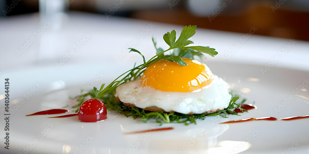 Sunny Side Up Egg with Green Garnish and Red Sauce on a White Plate in Soft Lighting