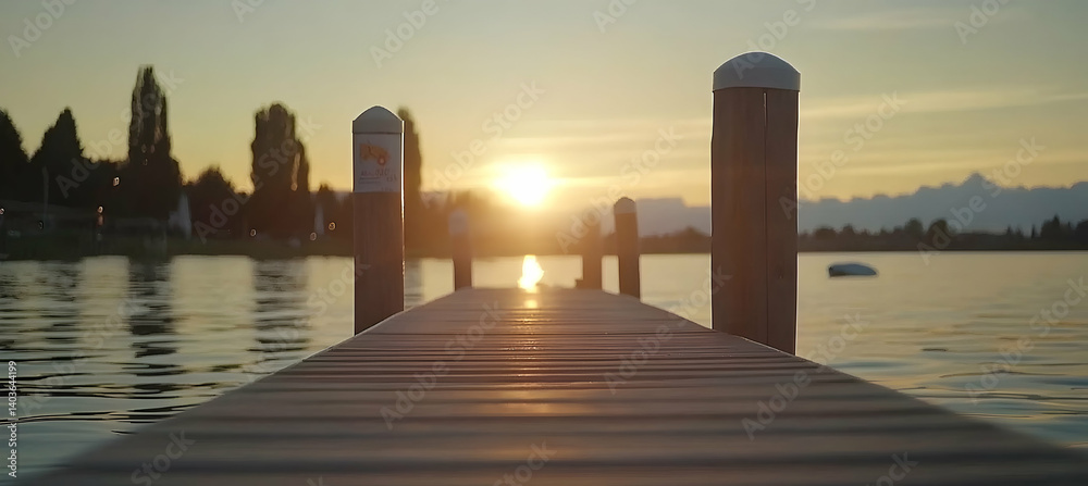 Sunset Over Lake With Dock Pier in Tranquil Landscape With Clear Sky and Wooden Pathway in Scenic Outdoor Nature Background