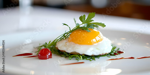 Obraz na płótnie Sunny Side Up Egg with Green Garnish and Red Sauce on a White Plate in Soft Lighting w salonie