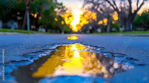 Obraz na płótnie Sunset Reflection in Puddle on Asphalt Road with Yellow Line Through Urban Street with Trees w salonie