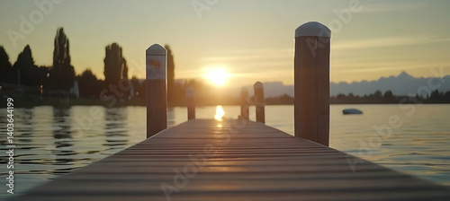 Obraz na płótnie Sunset Over Lake With Dock Pier in Tranquil Landscape With Clear Sky and Wooden Pathway in Scenic Outdoor Nature Background w salonie