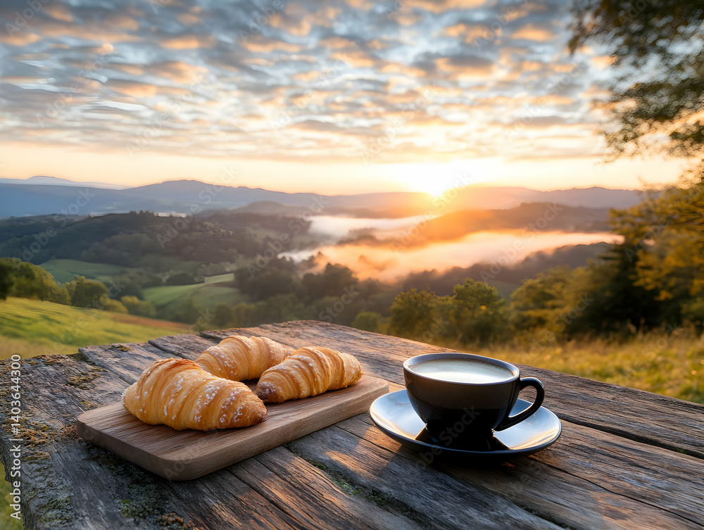 Sunrise Over Rolling Hills with Croissants and Coffee Cup on Rustic Wooden Table in Outdoor Breakfast Setting