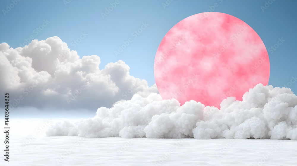 Surreal Sky Scene Featuring Pink Sun and Soft White Clouds Against Light Blue Background