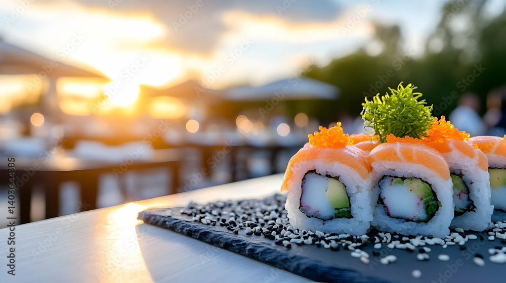 Sushi Rolls on Black Slate Plate with Sunset Background at Outdoor Dining Area