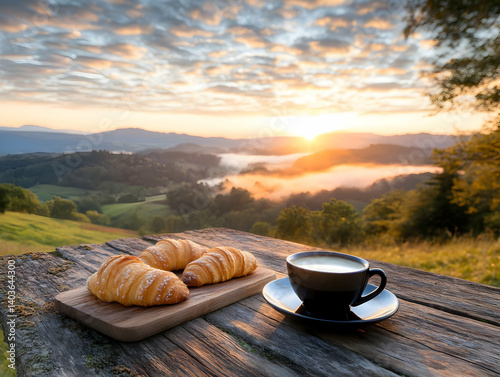 Sunrise Over Rolling Hills with Croissants and Coffee Cup on Rustic Wooden Table in Outdoor Breakfast Setting