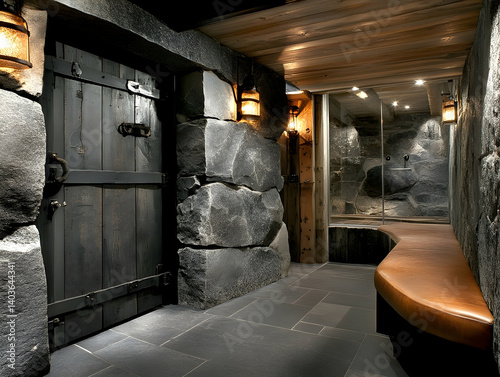 Sustainable Wine Cellar Interior Featuring Recycled Stone and Wood Materials with Warm Lighting Fixtures and Rustic Design Elements