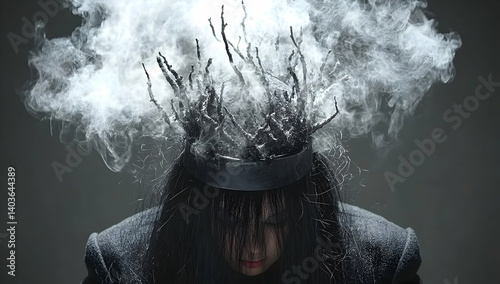 Obraz na płótnie Surreal Portrait of Woman in Black Dress Crowned with White Smoke Against Gray Minimalist Backdrop w salonie