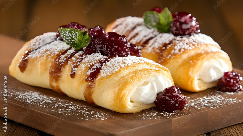 Sweet Pastries Topped with Fresh Berries Cream and Mint Sprinkled with Powdered Sugar on Wooden Board in Warm Light