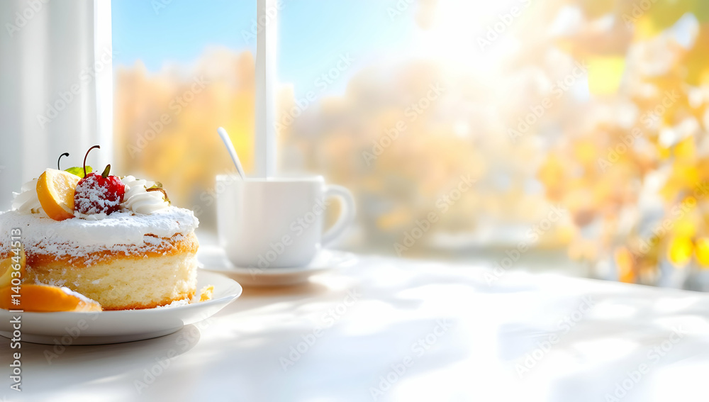 Sweet Cake with Cherry and Lemon Slice near Cup by Bright Window in Morning Sunlight