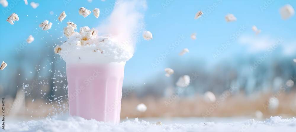 Sweet Pink Milkshake Topped with Popcorn in a Winter Landscape with Snowy Background on a Sunny Day
