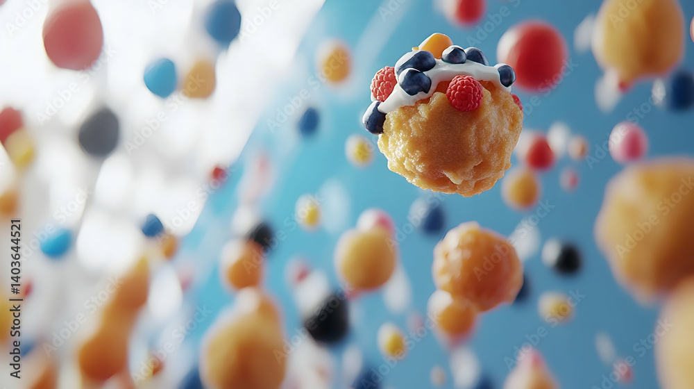 Sweets Collection in the Air with Various Colorful Spheres and Two Different Square Desserts with Selective Focus on Yellow Background