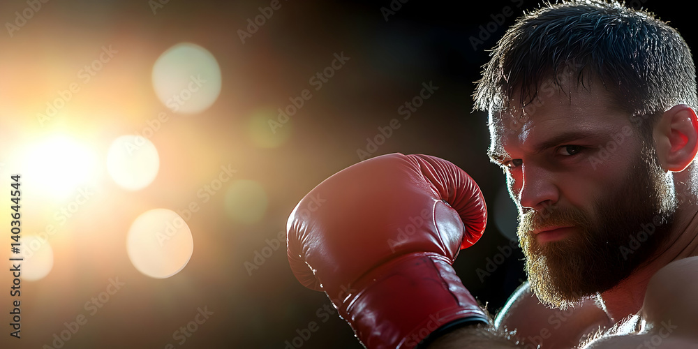 Sweaty Boxer with Red Gloves in Fighting Pose Under Bright Stage Lights Displaying Intense Focus and Determination in Dark Background