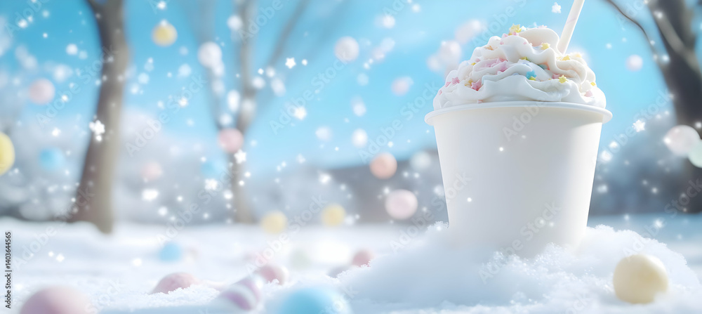 Sweet Treat Delightful Creamy Cup Topped with Colorful Sprinkles in a Winter Wonderland Snowy Background