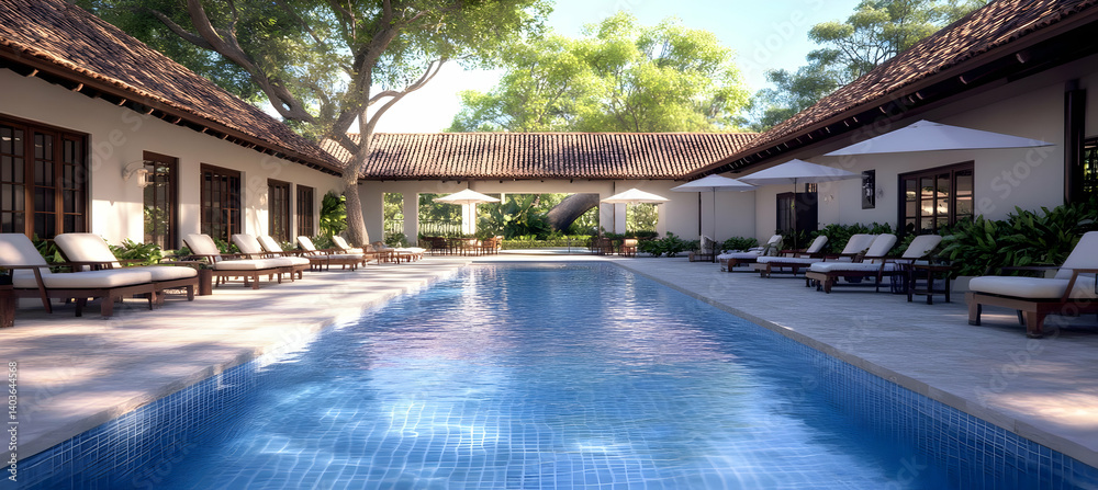 Swimming Pool at Luxury Villa Resort with Chairs and Lush Trees in Warm Light Sunny Day