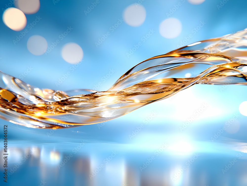 Swirling Golden Water Flow on Light Blue Gradient Background with Bokeh Effects and Reflection