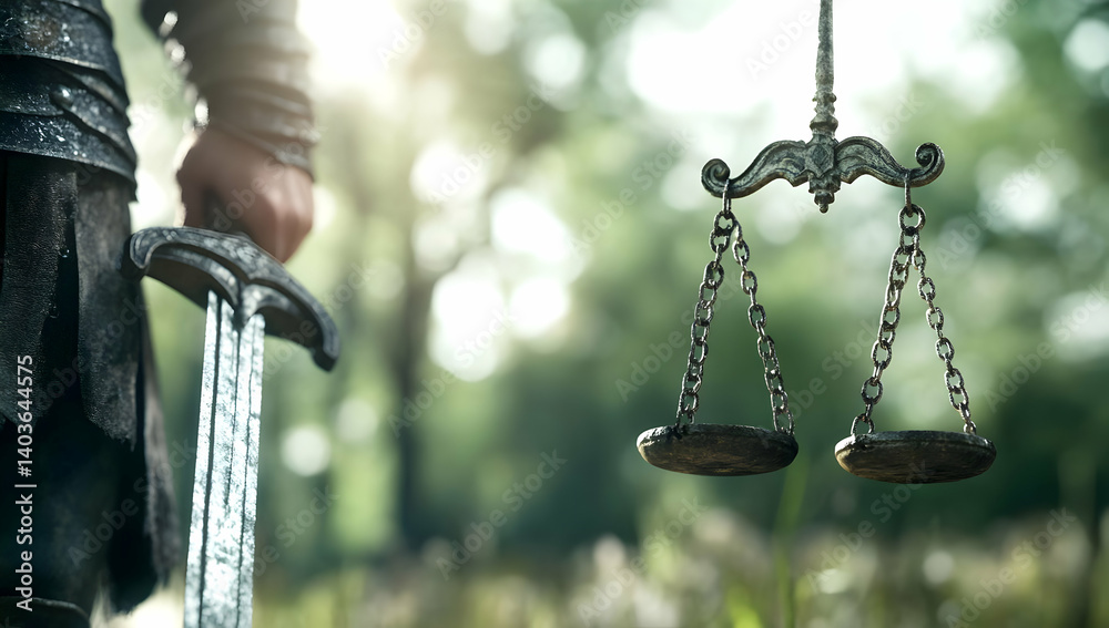 Symbolic Scales of Justice with Sword Held by Armored Figure Outdoors