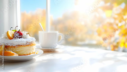 Obraz na płótnie Sweet Cake with Cherry and Lemon Slice near Cup by Bright Window in Morning Sunlight w salonie