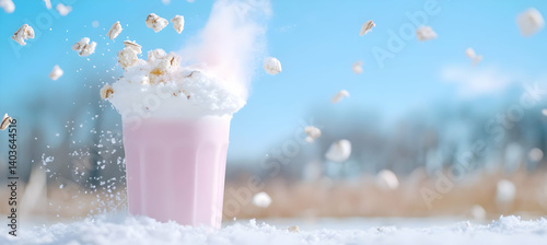 Sweet Pink Milkshake Topped with Popcorn in a Winter Landscape with Snowy Background on a Sunny Day