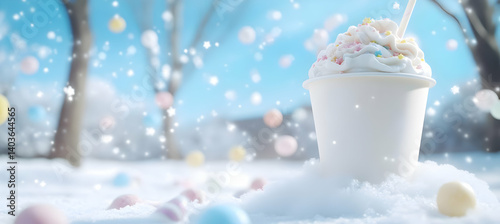 Obraz na płótnie Sweet Treat Delightful Creamy Cup Topped with Colorful Sprinkles in a Winter Wonderland Snowy Background w salonie