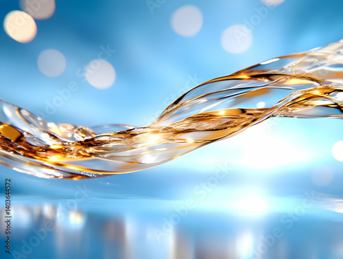 Obraz na płótnie Swirling Golden Water Flow on Light Blue Gradient Background with Bokeh Effects and Reflection w salonie
