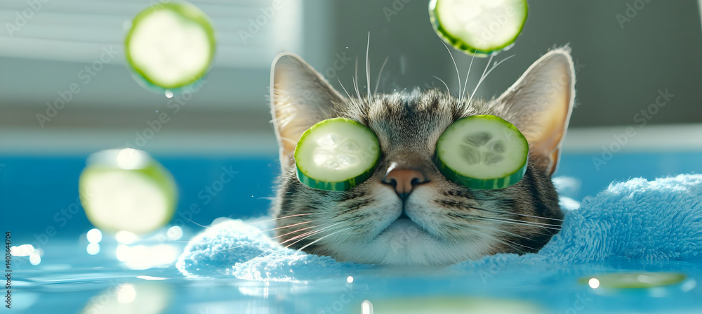 Tabby Cat Relaxing in a Blue Pool with Cucumber Slices on Its Eyes for a Spa Treatment