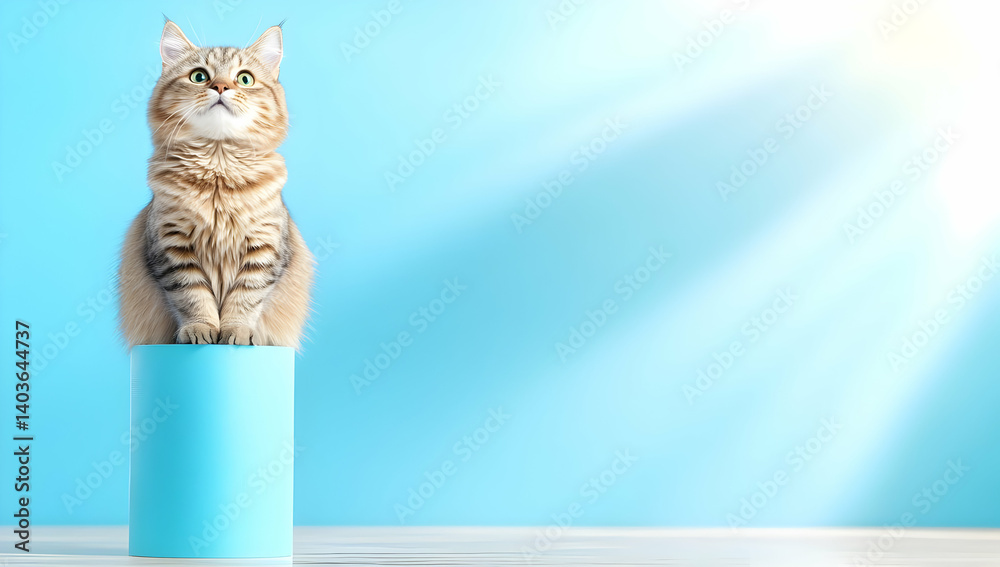 Tabby Cat Sitting On a Blue Pedestal Looking Up in Bright Sunlight Against a Light Blue Background