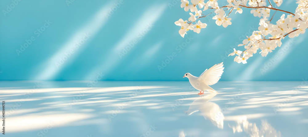 Symbolic White Dove on Reflective Surface Beneath Blossoming Branch Against Pale Blue Backdrop
