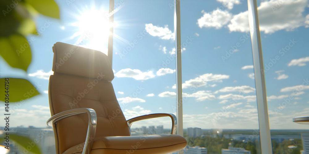 Tan Leather Office Chair near Large Window Overlooking Cityscape with Bright Sunlight and Cloudscape on Clear Day