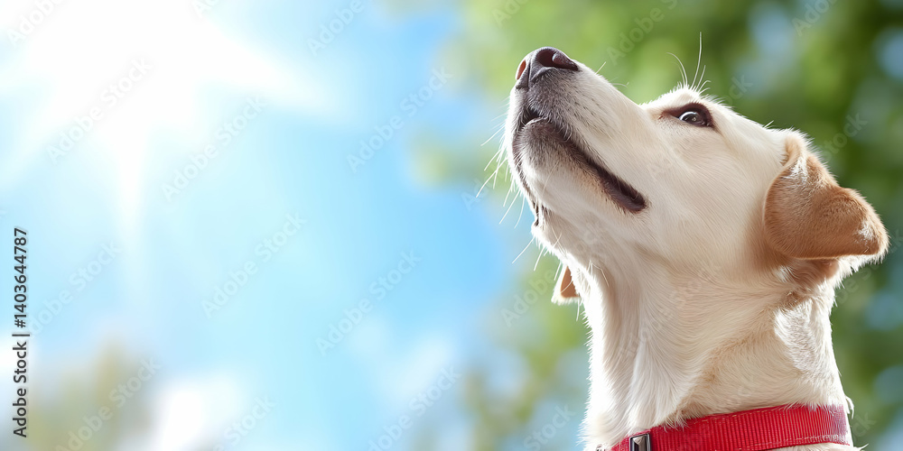 Tan Labrador Retriever Looking Up at Blue Sky with the Sun Shining Through Trees with Red Collar In Portrait