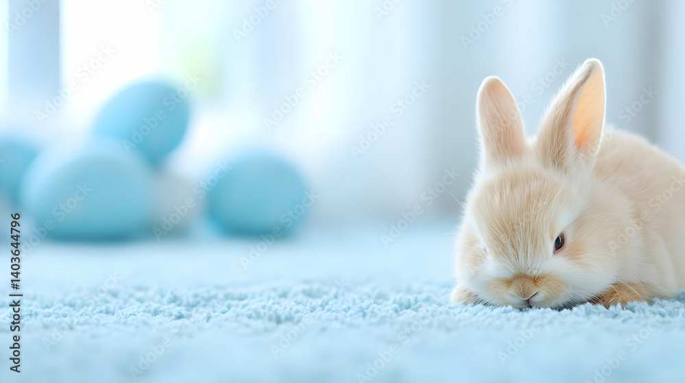 Tan Rabbit Resting on Blue Carpet Surrounded by Light Blue Easter Eggs Near a Window with Soft Lighting